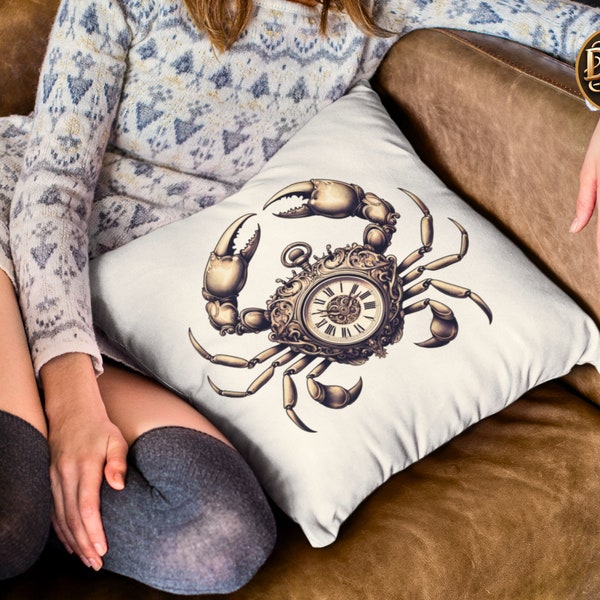 Antique Watch Crab Pillow - Unique Surreal Art Throw Pillow, Steampunk Decor, Nautical Home Accessory, Gift for Crab Lovers