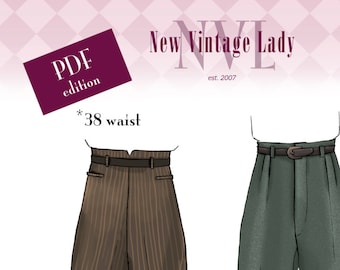 Op de afbeelding: Een digitale illustratie van twee broeken, een bruin met witte strepen en een groen. De broeken zijn gelabeld "NVL 7803 1940s Men's Slacks". De tekst "New Vintage Lady est. 2007" staat bovenaan de afbeelding.