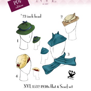 May include: A set of four vintage style hats and a scarf, all in shades of blue, green, and beige. The hats are designed for a 23 inch head. The set is labelled "NVL 1532 1930s Hat & Scarf set" and "Vintage Sewing for the Stout Woman" with the website "www.newvintagelady.com".