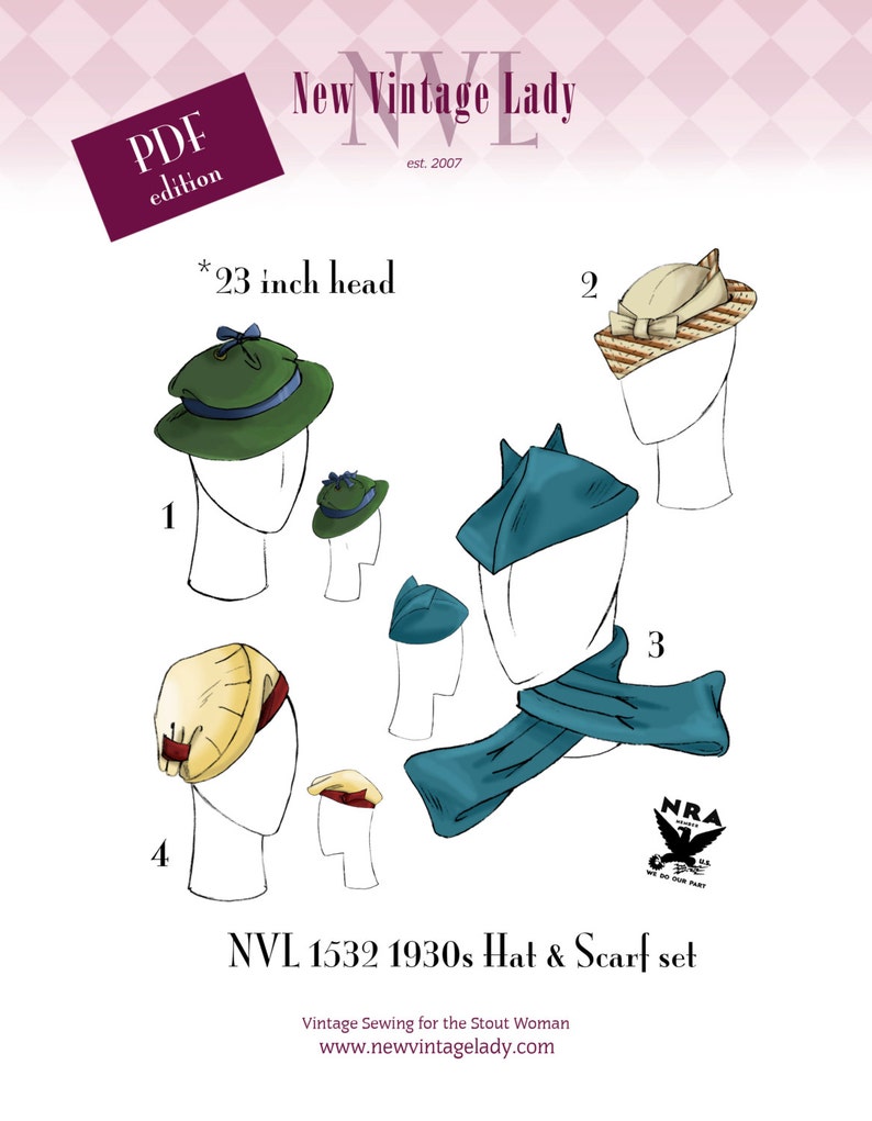 1930s Style Hats | Buy 30s Ladies Hats NVL 1930s Hat Quartet with Scarf repro pattern 23 inch head in PDF 1532  AT vintagedancer.com