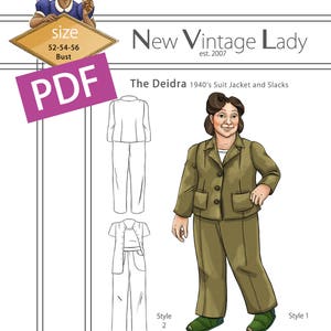 May include: A digital illustration of a vintage sewing pattern for a 1940s suit jacket and slacks. The pattern is for sizes 52-54-56 bust. The illustration shows a woman wearing the suit in a green colour. The pattern is available as a PDF download from New Vintage Lady.