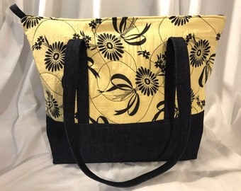 NVL handmade vintage quilted fabric tote bag *One of a Kind* 1950s yellow seersucker with flowers