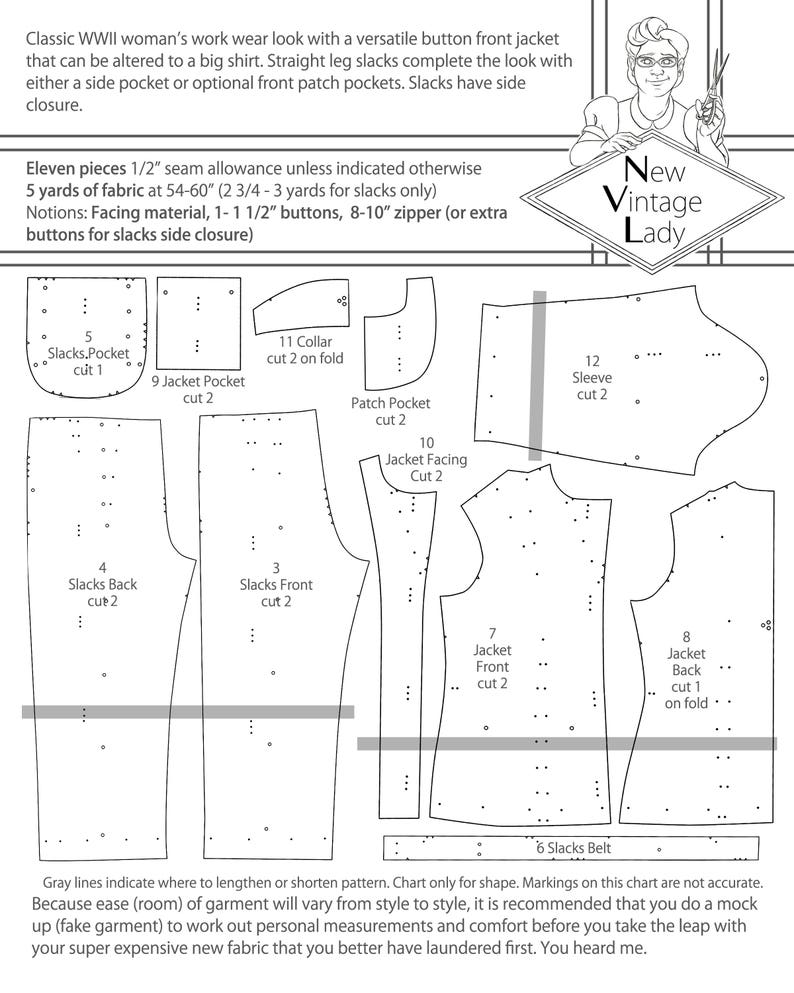 The Deidra 1940s WWII slacks and jacket set in PDF size 40-42-44 bust NVL plus size multi size repro vintage sewing patterns image 2