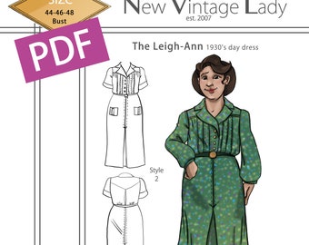 May include: A digital sewing pattern for a 1930s day dress, called "The Leigh-Ann", in sizes 44-46-48 bust. The pattern includes two styles, one with short sleeves and one with long sleeves. The pattern is available as a PDF download.