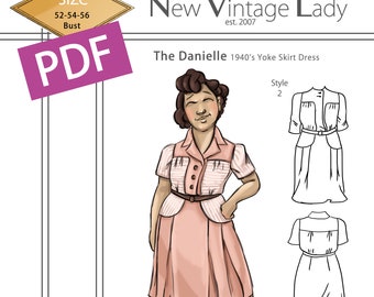 The Danielle 1940s yoke skirt day dress in PDF 52-54-56 bust