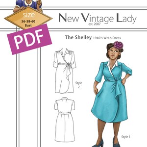 Könnte beinhalten: Ein digitales Schnittmuster für ein Wickelkleid aus den 1940er Jahren namens "The Shelley". Das Schnittmuster umfasst zwei Stile, einen mit Rüschen und einen ohne. Das Schnittmuster ist in den Größen 56-58-60 Brustumfang erhältlich.