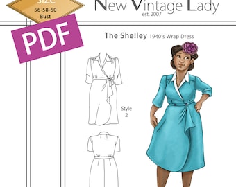 The Shelley 1940s wrap dress in PDF size 56-58-60 bust NVL plus size multi size repro vintage sewing patterns