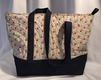 NVL handmade vintage quilted fabric tote bag *One of a Kind* 1950s pink roses on white and black