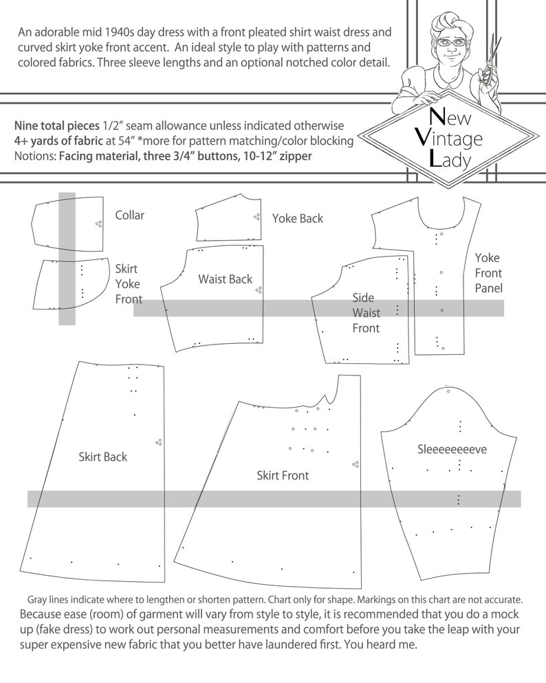 The Danielle 1940s yoke skirt day dress in PDF 56-58-60 bust image 3