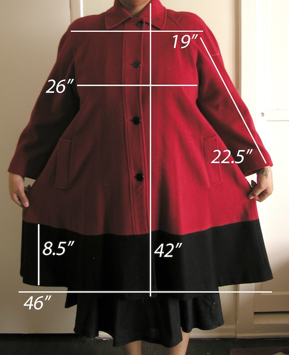 Vintage 50s 60s Red Wool Winter Swing Coat PLUS SIZE up to