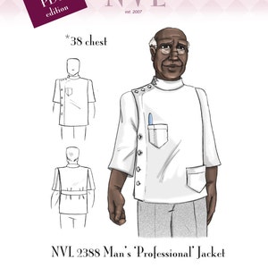May include: A white men's jacket sewing pattern with a chest measurement of 38 inches. The pattern is for a "Professional" jacket and is from the New Vintage Lady PDF edition, established in 2007. The pattern is for vintage sewing for the stout woman.