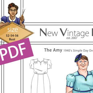 Amy-klänningen från 1940-talet i PDF-format, storlek 52-54-56, byst, NVL, plus size, multistorlek, reproduktioner, vintage-sömnadsmönster