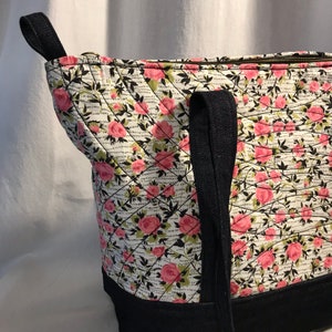 NVL handmade vintage quilted fabric tote bag One of a Kind 1950s pink roses on white and black image 2