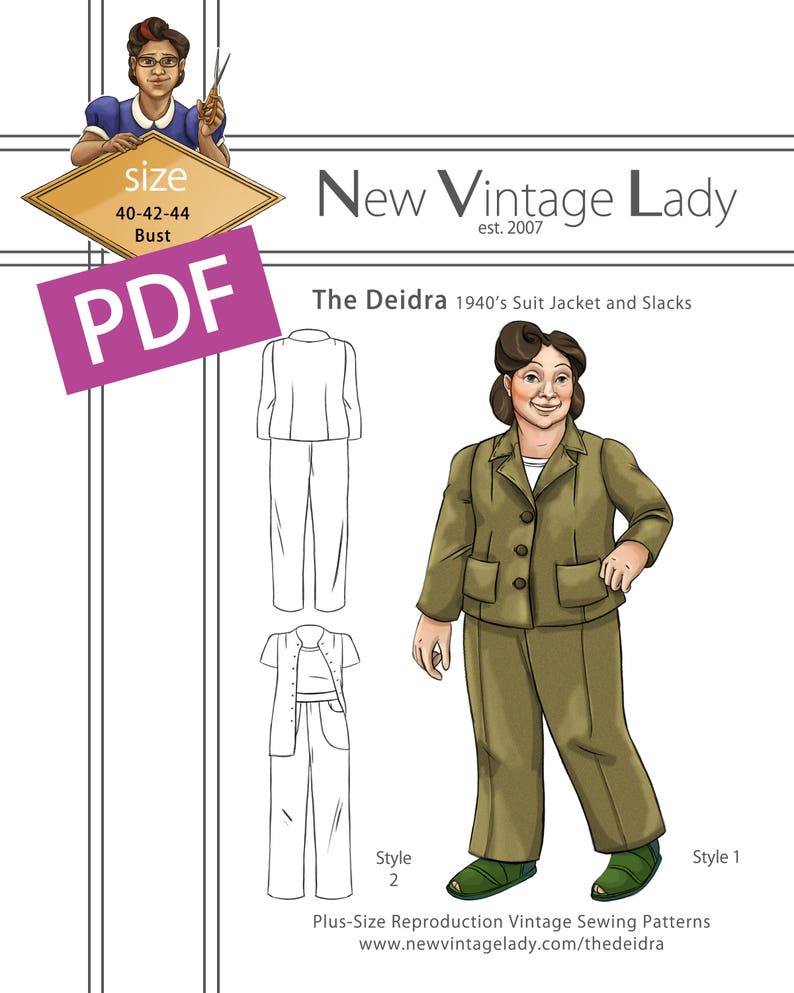 The Deidra 1940s WWII slacks and jacket set in PDF size 40-42-44 bust NVL plus size multi size repro vintage sewing patterns image 1