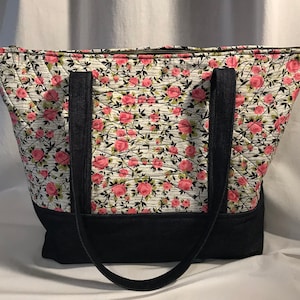 NVL handmade vintage quilted fabric tote bag One of a Kind 1950s pink roses on white and black image 1