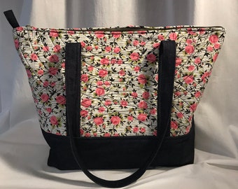 NVL handmade vintage quilted fabric tote bag *One of a Kind* 1950s pink roses on white and black
