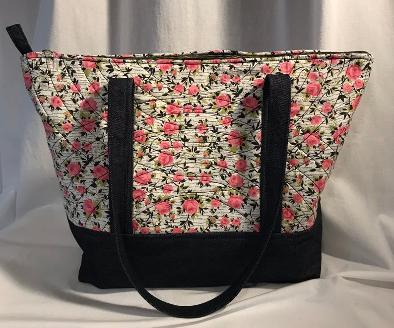 NVL handmade vintage quilted fabric tote bag One of a Kind 1950s pink roses on white and black image 1