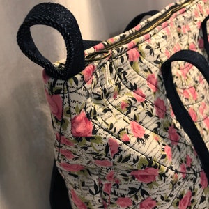 NVL handmade vintage quilted fabric tote bag One of a Kind 1950s pink roses on white and black image 3