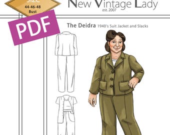 The Deidra 1940s WWII slacks and jacket set in PDF size 44-46-48 bust NVL plus size multi size repro vintage sewing patterns