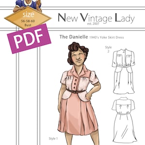 Könnte beinhalten: Ein PDF-Schnittmuster für das "The Danielle" 1940er Yoke Skirt Dress. Die Illustration zeigt ein rosa Kleid mit einem Kragenoberteil und einem plissierten Rock. Das Muster enthält die Größen 142-147-152 cm Brustumfang. Die Marke ist New Vintage Lady.
