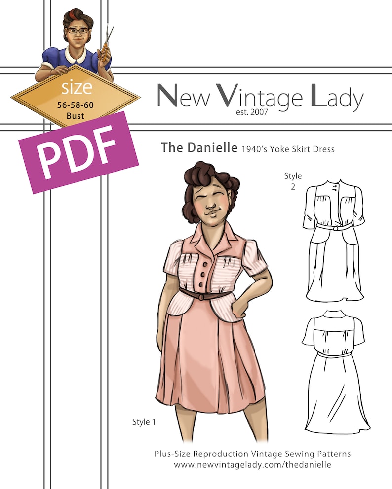 The Danielle 1940s yoke skirt day dress in PDF 56-58-60 bust image 1