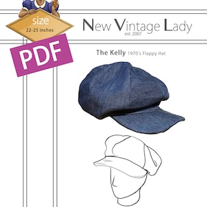 Könnte beinhalten: Ein Schnittmuster für einen "Flappy Hat" im Stil der 1970er Jahre namens "The Kelly". Das Schnittmuster ist für die Größen 22-25 Zoll. Das Schnittmuster stammt von New Vintage Lady, einem Unternehmen, das sich auf Plus-Size-Reproduktionen von Vintage-Schnittmustern spezialisiert hat.