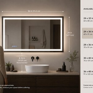 K&ouml;nnte beinhalten: Rechteckiger LED-beleuchteter Badezimmerspiegel mit schwarzem Rahmen, 91,4 cm breit und 60,9 cm hoch. Das Bild zeigt verf&uuml;gbare Gr&ouml;&szlig;en, einschlie&szlig;lich 60 x 91 cm. Alle Ma&szlig;e sind ungef&auml;hre Angaben.