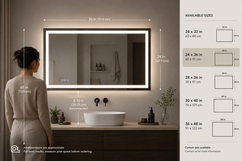 K&ouml;nnte beinhalten: Rechteckiger LED-beleuchteter Badezimmerspiegel mit schwarzem Rahmen, 91,4 cm breit und 60,9 cm hoch. Das Bild zeigt verf&uuml;gbare Gr&ouml;&szlig;en, einschlie&szlig;lich 60 x 91 cm. Alle Ma&szlig;e sind ungef&auml;hre Angaben.