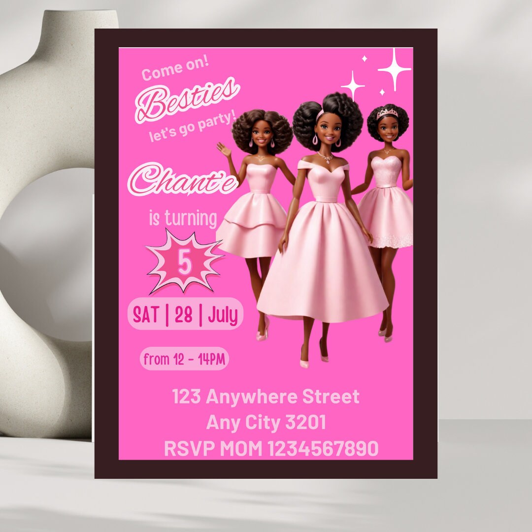 Editable Black Barbie Birthday Invitation, Dark Skinned Barbie Birthday ...