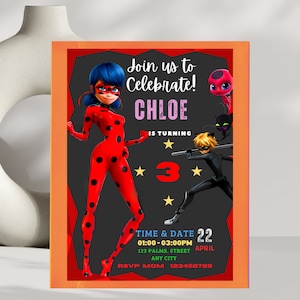 Faire-part d'anniversaire Miraculous Ladybug Invitation modifiable sur le thème des super-héros pour les filles Modifiez facilement Personnalisez facilement Cadeau personnalisé image 1