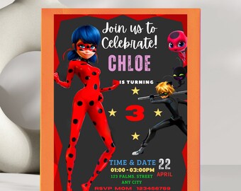Faire-part d'anniversaire Miraculous Ladybug ; Invitation modifiable sur le thème des super-héros pour les filles ; Modifiez facilement ; Personnalisez facilement ; Cadeau personnalisé