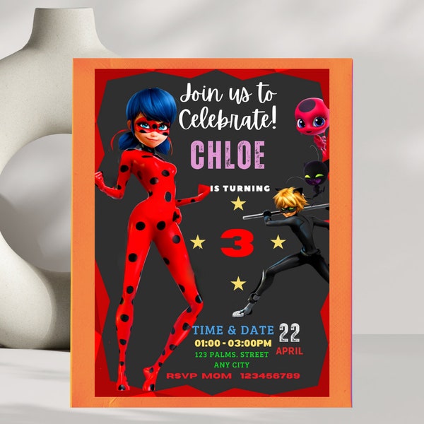 Faire-part d'anniversaire Miraculous Ladybug ; Invitation modifiable sur le thème des super-héros pour les filles ; Modifiez facilement ; Personnalisez facilement ; Cadeau personnalisé