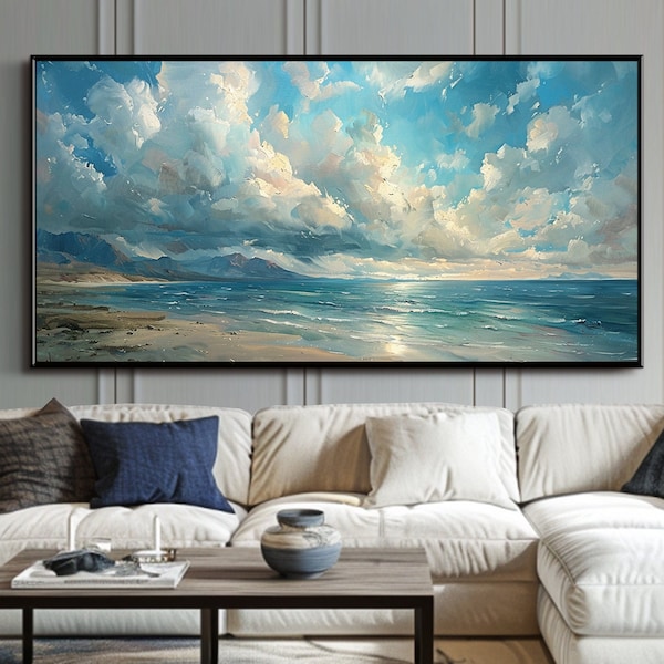 Large Abstract Landscape Oil Painting on Canvas Abstract Blue Seascape Painting Large Wall Art Modern Living Room Wall Art Textured Wall Art