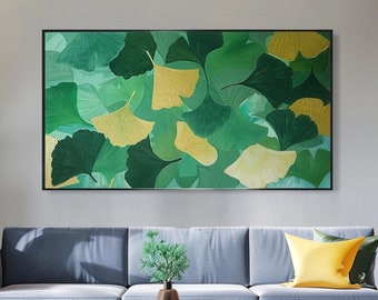 Abstract Leaves Wall Art Decor Textured Wall Art Green Oil Painting on Canvas Original Leaves Wall Art Large Wall Art Living Room Wall Art