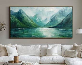 Large Green Landscape Oil Painting on Canvas Original Abstract Mountains Oil Painting Living Room Wall Art Custom Gift Painting Office Decor