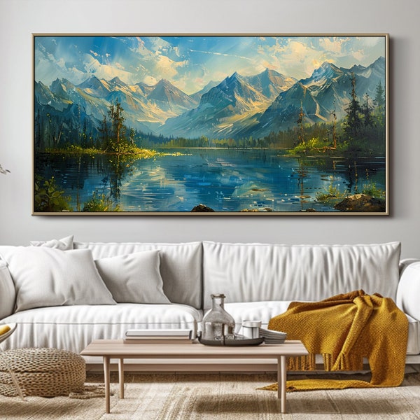 Abstract Landscape Oil Painting on Canvas Textured Green Wall Art Original Mountain and Lake Painting Large Living Room Wall Art Custom Gift