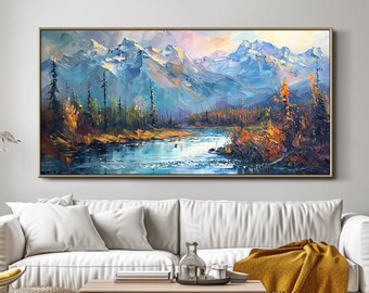 Pintura al óleo de paisaje colorido abstracto sobre lienzo Montañas originales y pintura de río Gran sala de estar Arte de pared Arte de pared con textura pesada