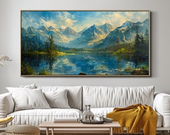 Abstract Landscape Oil Painting on Canvas Textured Green Wall Art Original Mountain and Lake Painting Large Living Room Wall Art Custom Gift