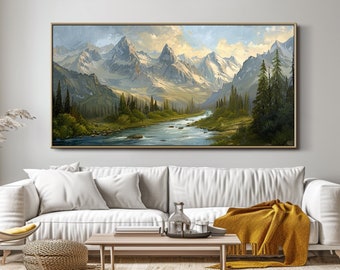 Pintura al óleo de paisaje abstracto sobre lienzo Montañas originales y pintura de río Gran sala de estar Arte de pared Pintura de regalo personalizada Decoración de oficina
