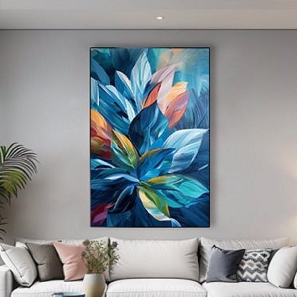 Abstract Blue Leaves Wall Art Blue Oil Painting on Canvas Textured Leaves Wall Art Large Living Room Wall Art Modern Minimalist Wall Art