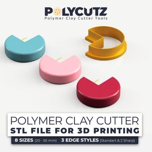 Könnte beinhalten: Drei Polymer Clay Cutter Formen in Blau, Rosa und Rot, mit einem vierten Cutter in Gold. Die Cutter haben die Form eines Tortenstücks. Der Text auf dem Bild lautet "POLYMER CLAY CUTTER STL FILE FOR 3D PRINTING 8 SIZES (20-55 mm) 3 EDGE STYLES (Standart & 2 Sharp)"