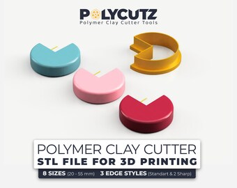 May include: Three polymer clay cutter shapes in blue, pink, and red, with a fourth cutter in gold. The cutters are in the shape of a pie slice. The text on the image reads "POLYMER CLAY CUTTER STL FILE FOR 3D PRINTING 8 SIZES (20-55 mm) 3 EDGE STYLES (Standart & 2 Sharp)"