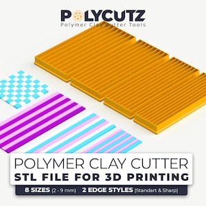Puede incluir: Un conjunto de 8 cortadores de arcilla polimérica para impresión 3D. Los cortadores son amarillos y tienen diferentes tamaños que van de 2 a 9 mm. La imagen muestra ejemplos de patrones que se pueden crear con los cortadores, incluyendo un patrón de cuadros y un patrón de rayas.
