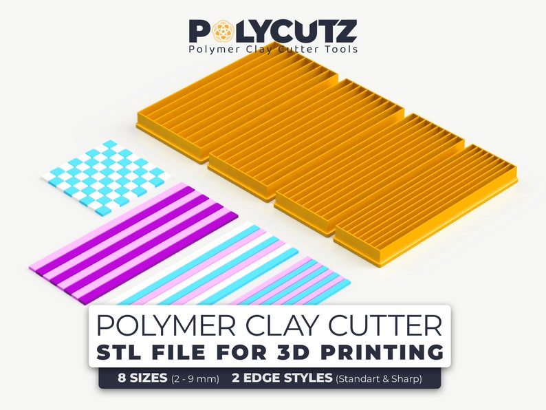 May include: A set of 8 polymer clay cutters for 3D printing. The cutters are yellow and have different sizes ranging from 2 to 9 mm. The image shows examples of patterns that can be created with the cutters, including a checkered pattern and a striped pattern.