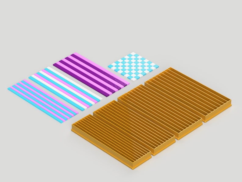 May include: A set of four colorful patterned mats, including a blue and pink striped mat, a purple and white striped mat, a white and blue checkered mat, and a gold mat with vertical lines.