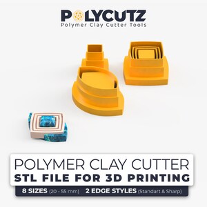 Peut inclure: Ensemble de huit outils de découpe en argile polymère pour l'impression 3D. Les découpeurs sont de différentes tailles, allant de 20 à 55 millimètres. Les découpeurs sont jaunes et ont une forme carrée. Le texte sur l'image indique "POLYMER CLAY CUTTER STL FILE FOR 3D PRINTING 8 SIZES (20-55 mm) 2 EDGE STYLES (Standart & Sharp)"