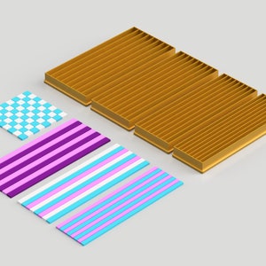 May include: A set of three colorful striped fabric strips and a checkered fabric square. The fabric strips are purple and white, pink and white, and blue and white. The checkered fabric square is white and blue. The fabric pieces are arranged on a white surface.