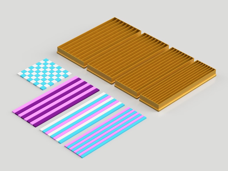 May include: A set of three colorful striped fabric strips and a checkered fabric square. The fabric strips are purple and white, pink and white, and blue and white. The checkered fabric square is white and blue. The fabric pieces are arranged on a white surface.
