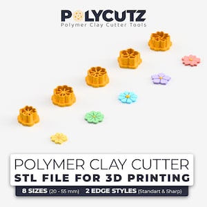 以下が含まれることがあります： 黄色い花の形をしたポリマークレイカッターツールが8つの異なるサイズで、小さいものから大きいものへと並んでいます。カッターは白い表面の上にあります。テキスト「POLYMER CLAY CUTTER STL FILE FOR 3D PRINTING 8 SIZES (20-55 mm) 2 EDGE STYLES (Standart & Sharp)」はカッターの下にあります。