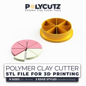 May include: A yellow plastic 3D printed polymer clay cutter tool with eight sections. The tool is designed to cut circles into eight equal slices. The image also shows a pink and white clay circle that has been cut into eight slices using the tool. The text on the image reads "POLYMER CLAY CUTTER STL FILE FOR 3D PRINTING 8 SIZES (20-55 mm) 2 EDGE STYLES (Standart & Sharp)"